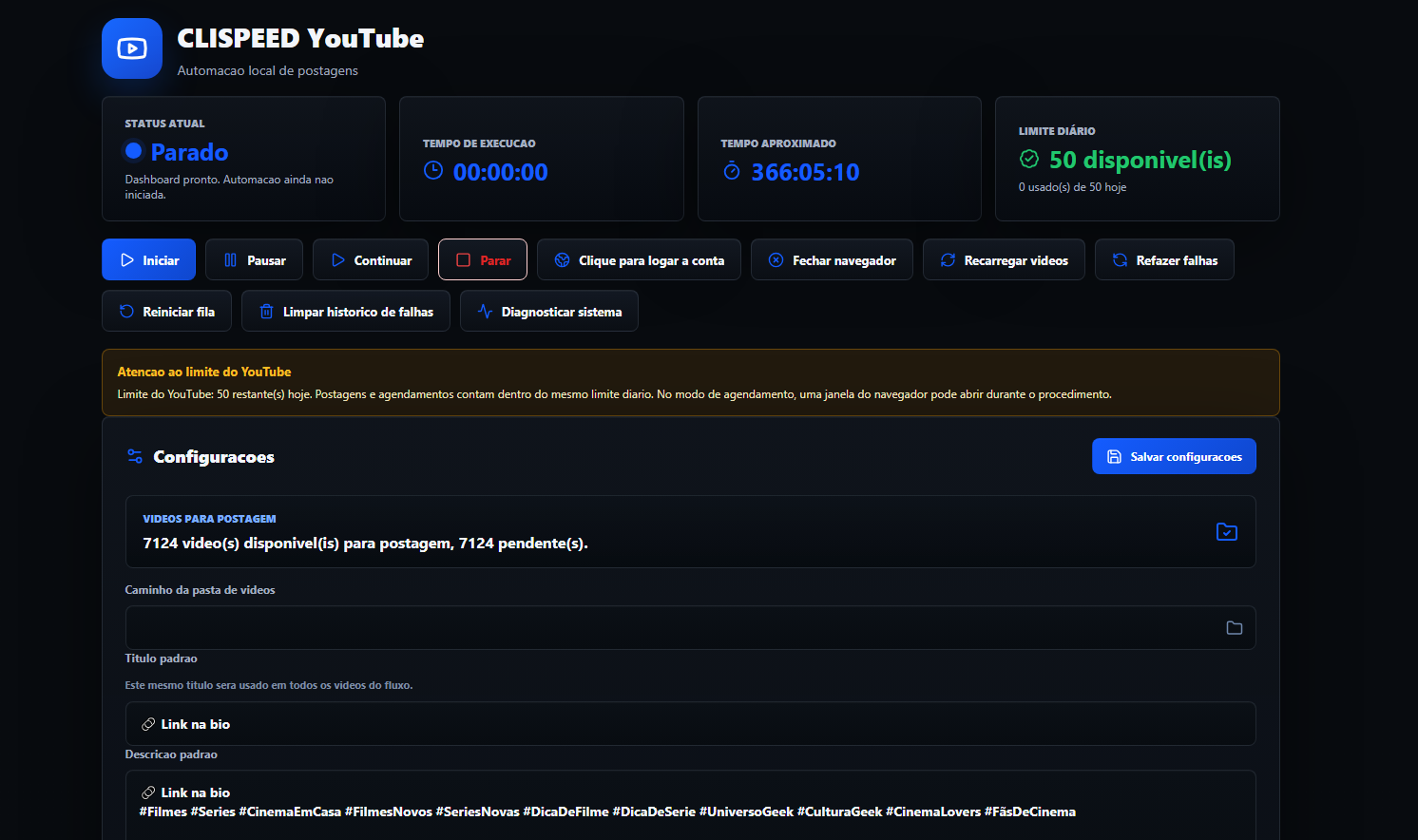Painel de automação do CliSpeed para youtube